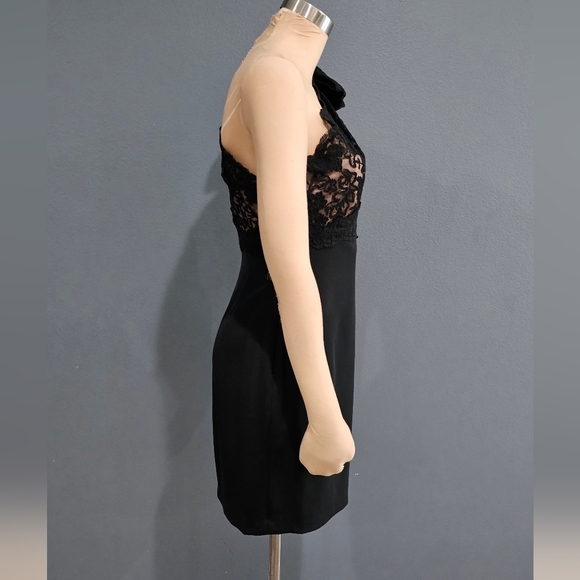 MARCHESA Notte Black Silk Lace Bow One Shoulder Sheath Mini Dress 4